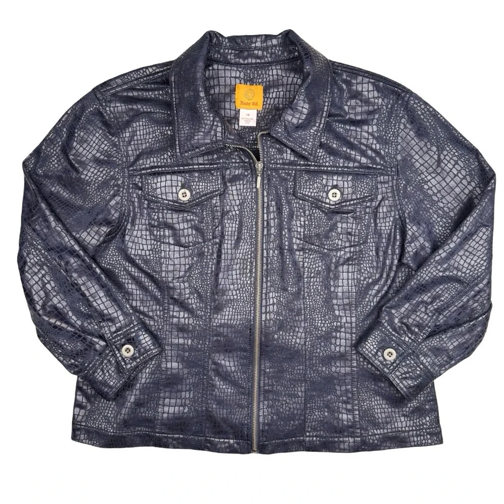 Metallic Navy Blue Crocodile Embossed Zip Jacket Womens 14‎ Ruby Rd